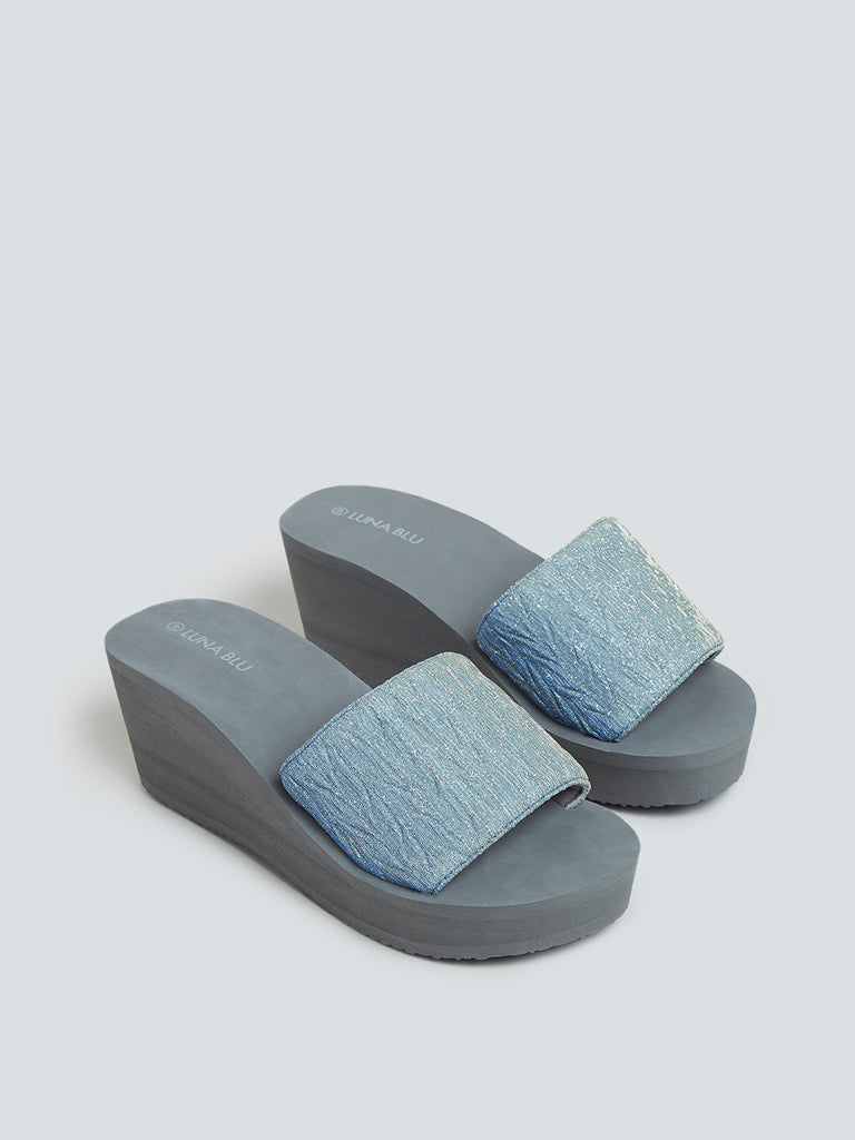 LUNA BLU Grey Shimmer Design Wedge Heel Slides